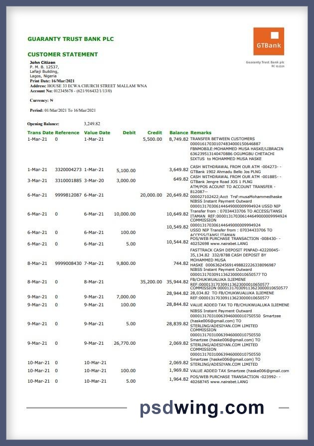 Nigeria GTBank Bank Statement (Excel)